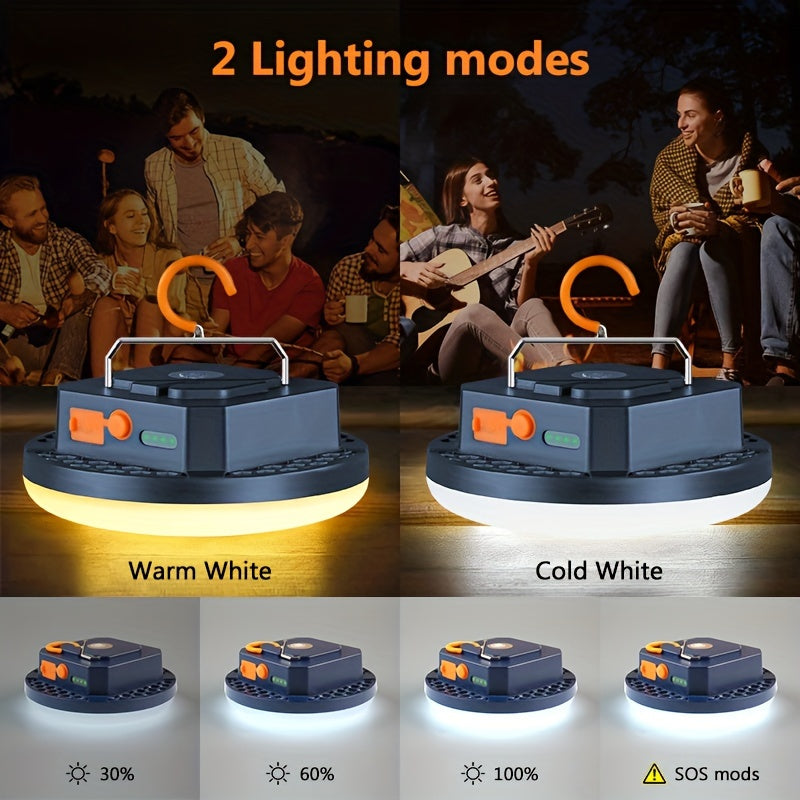 Rechargeable LED camping lantern with magnetic base, 4800mAh lithium battery, 4 lighting modes (including SOS), durable plastic construction, push button control. No accessories included.