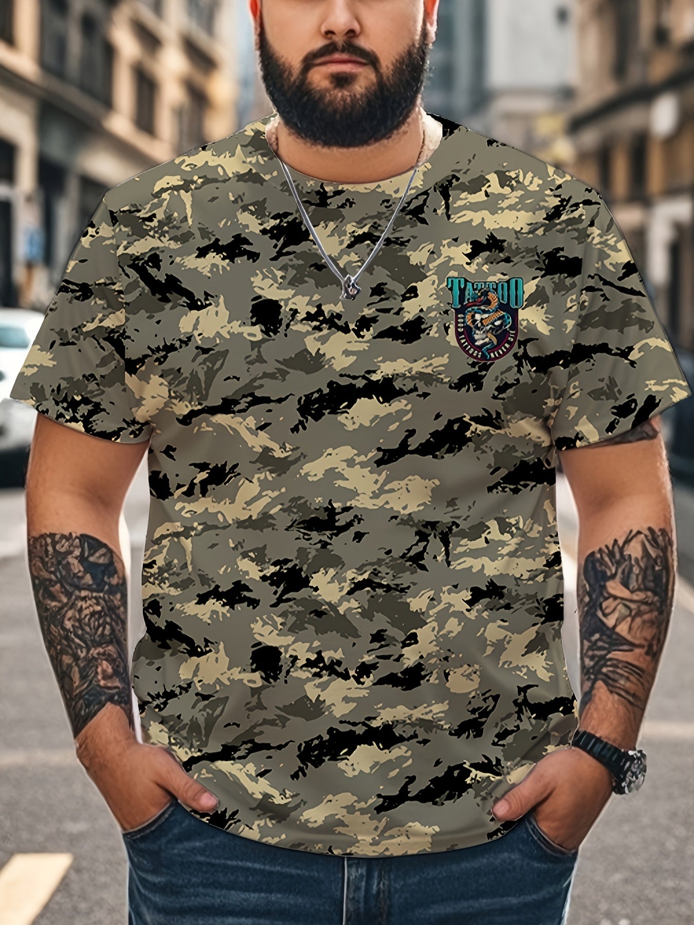 Regular fit camo print tee for plus size men with tattoo art design, suitable for casual, sports, and party wear.