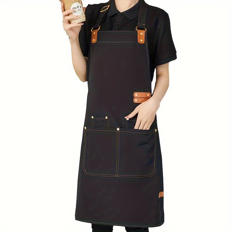 Versatile waterproof canvas apron with faux leather accents, perfect for kitchen, catering, and milk tea shops. Features durable polyester construction and stylish solid color design.