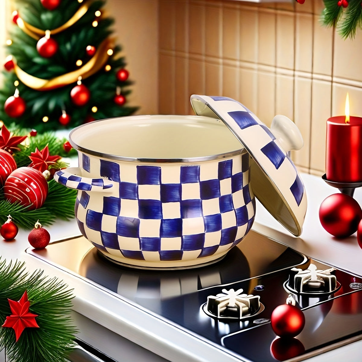 Enamel Saucepan with Lid - Blue and White Checker Pattern, 8.66-inch, Large Capacity Soup Pot and Casserole Dish, Serving Cookware for Table and Kitchen, Compatible with Gas and Electric Stovetops, Ideal Gift for Home and Restaurant