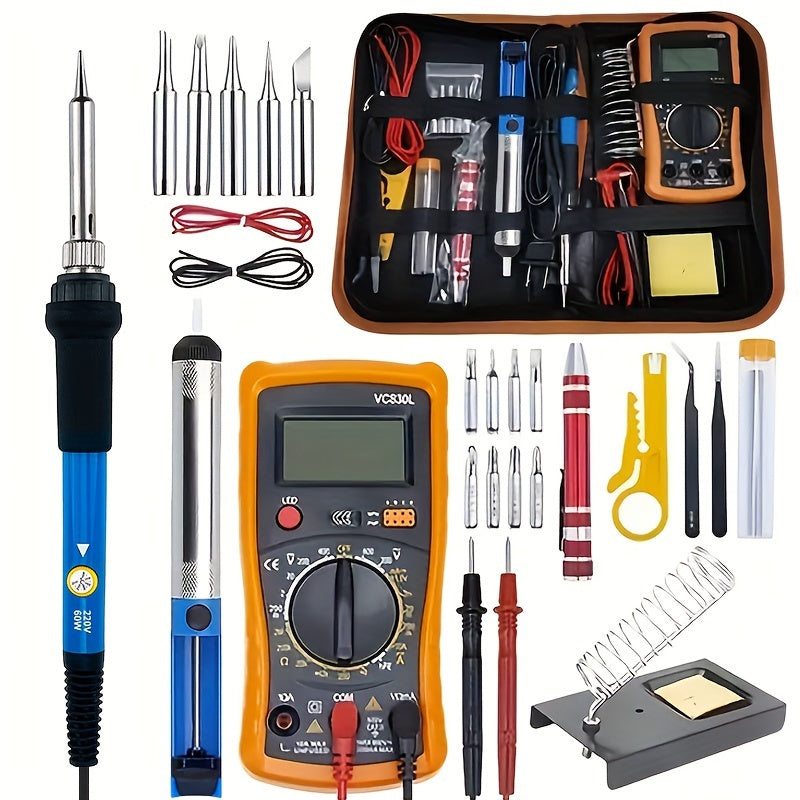 19-piece soldering kit with adjustable temperature iron, digital multimeter, non-slip PVC handle, European standard plug, 220-240V power supply, and precision repair tools for circuit