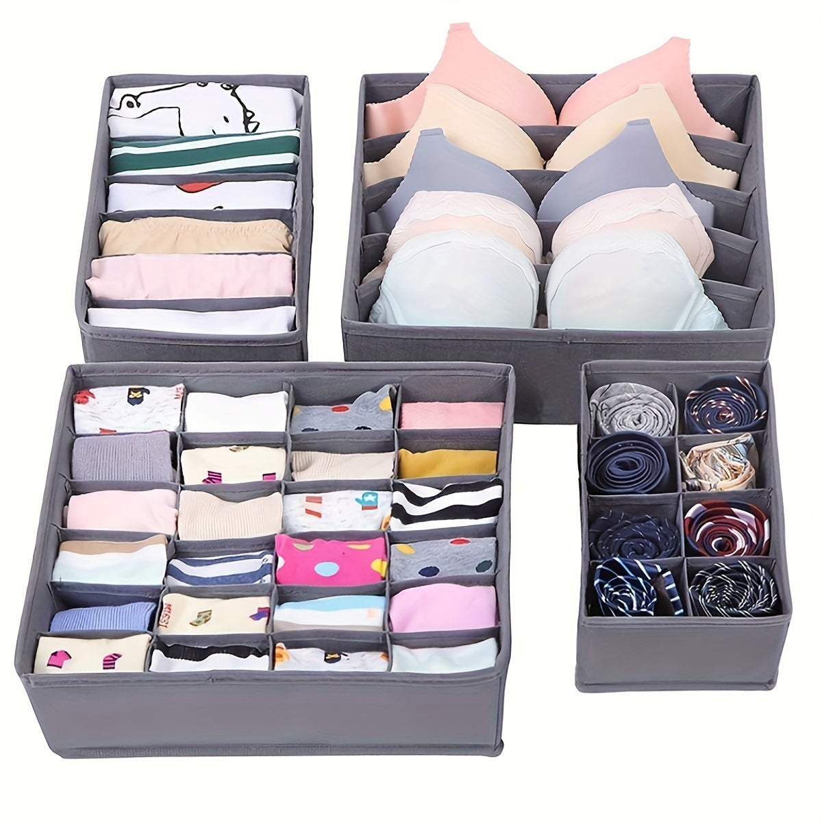 These 4 Foldable Non-woven Fabric Storage Boxes are designed specifically for organizing underwear, bras, socks, and other clothing items. Keep your wardrobe neat and tidy with these convenient compartment storage boxes that can easily be folded away