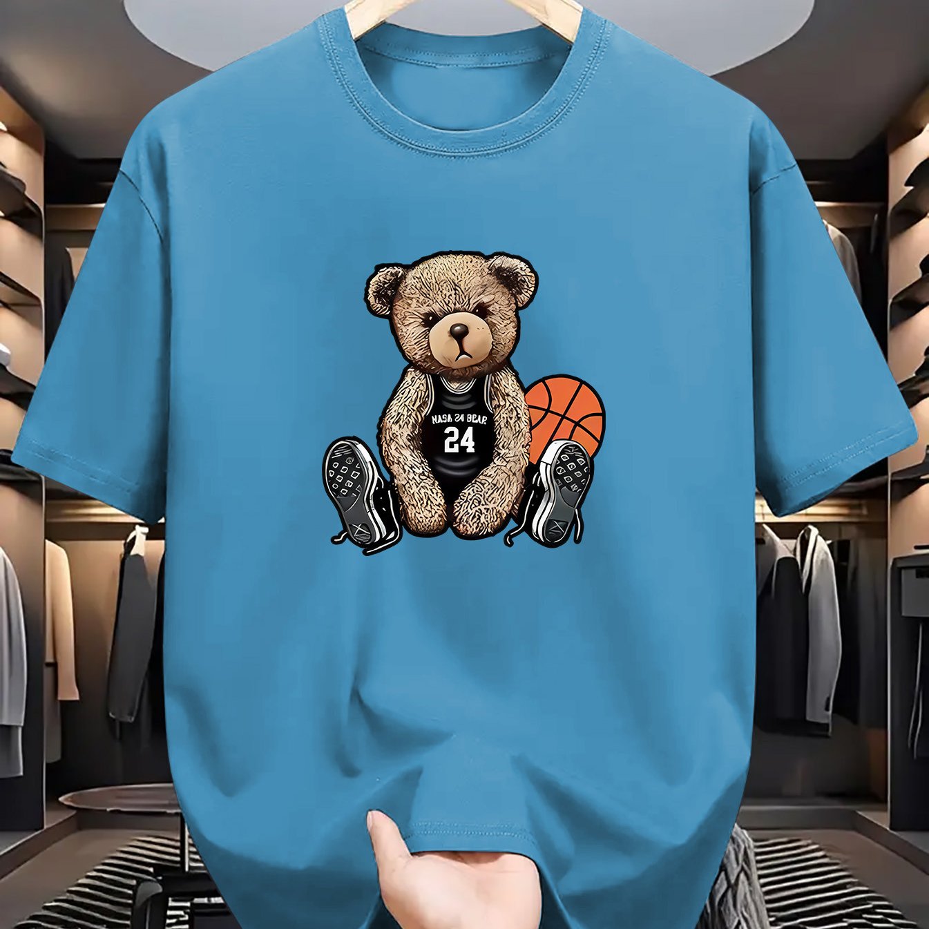 Men's Casual Bear Print T-Shirt: Crew Neck, Short Sleeve, Machine Washable