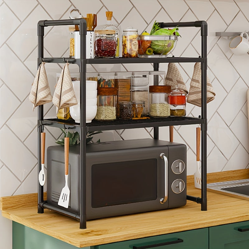 Multi-functional Kitchen Organizer with Handle & Hooks - Durable Plastic/Metal, Adjustable Shelves for Organizing Microwave, Oven & Other Items - Ideal for Countertops, Bedroom & Bathroom Storage Needs