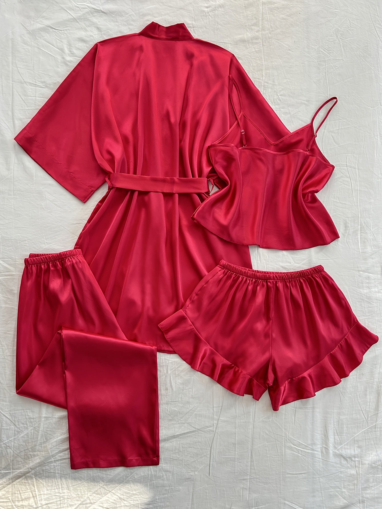 Satin 4-piece sleepwear set for women includes V-neck robe, top, shorts, and long pants in solid color. Made from 100% polyester, suitable for all seasons.