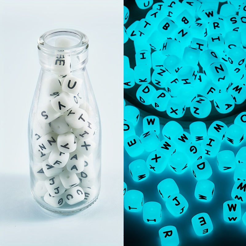 Set of 26 Glow-in-the-Dark Silicone Cube Beads, Includes Alphabet and Number Square Dice Beads, Perfect for DIY Keychain and Jewelry Crafts, Great Gift Option