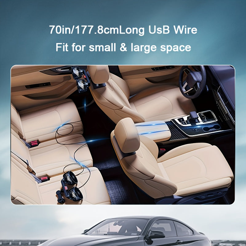 Compact car fan with dual-head rear seat design, providing powerful airflow with 5 blades and 360-degree rotation. Offers large air volume and operates quietly, with easy clip installation and foldable design that hides under the headrest. Removable for