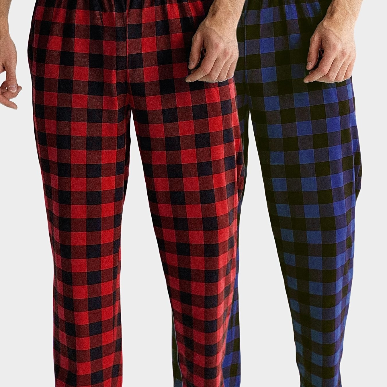 2-piece set of men's elastic waist brushed plaid sleep pants