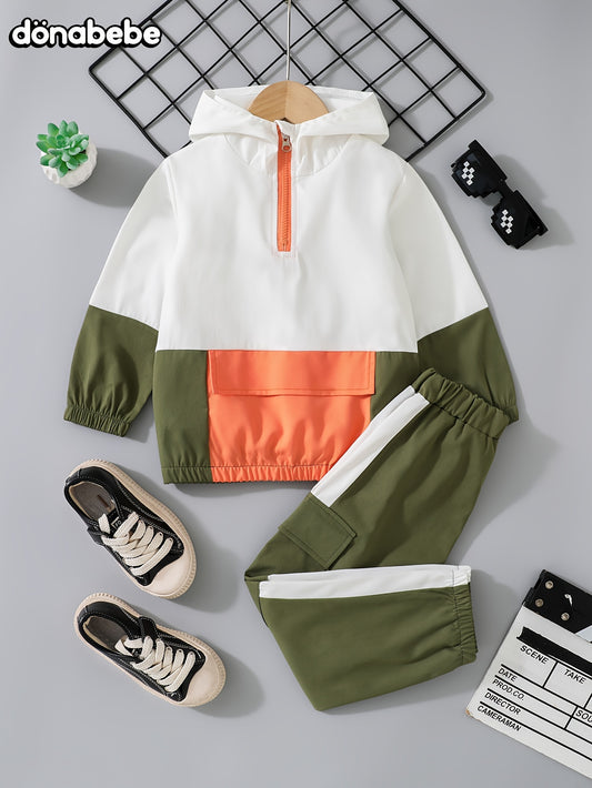 Boys' trendy color-block hoodie and cargo pants set - casual, comfortable polyester outfit for spring/fall, ideal for outdoor wear.