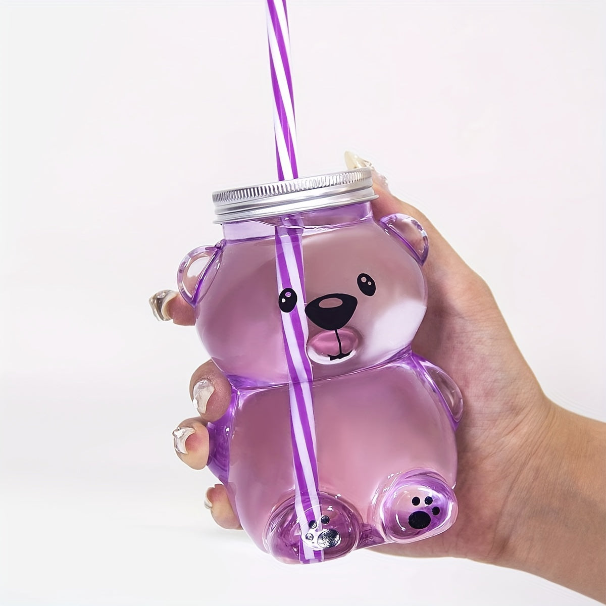 Cute bear cartoon straw cup made of durable plastic, ideal for kitchen and dining.