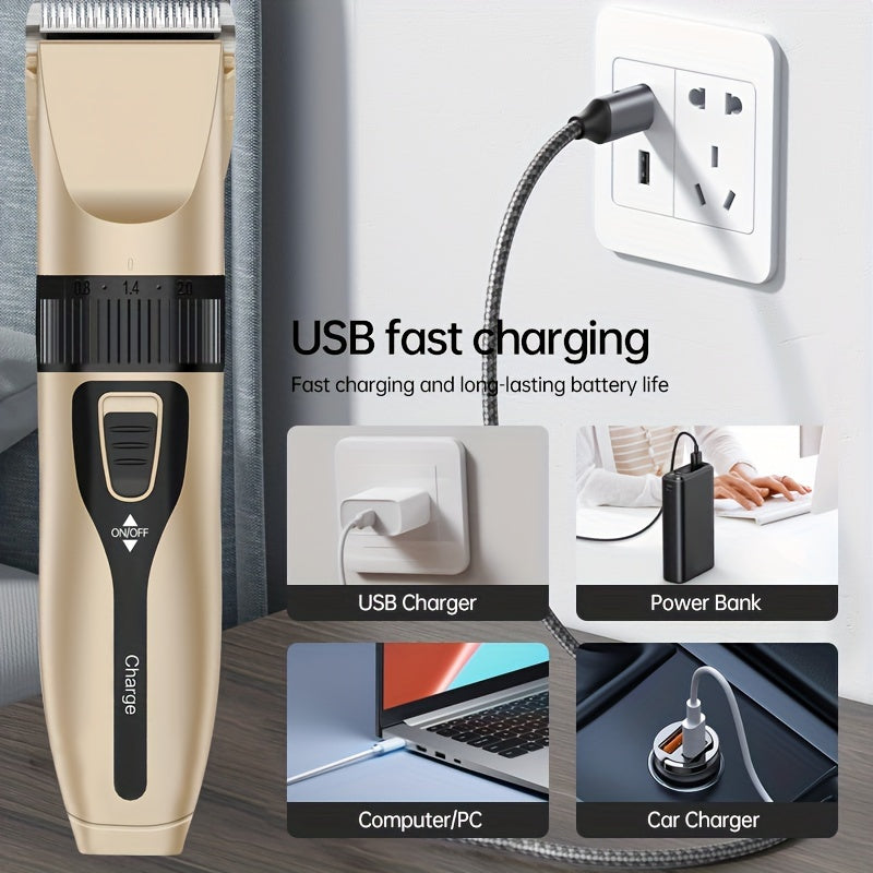 Rechargeable, quiet electric pet hair trimmer for thick coats with USB charging, cordless design and lithium battery. Includes 4 guide combs. Ideal for grooming dogs and cats.