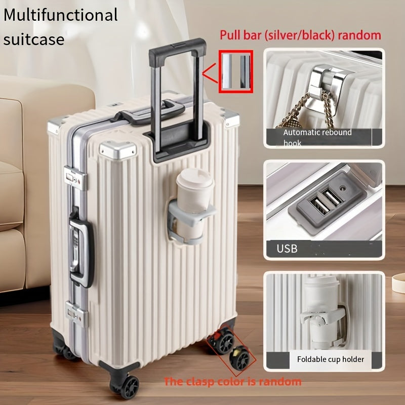 20/24-inch aluminum frame spinner luggage with cup holder and USB port, zipperless extra-large captain suitcase.