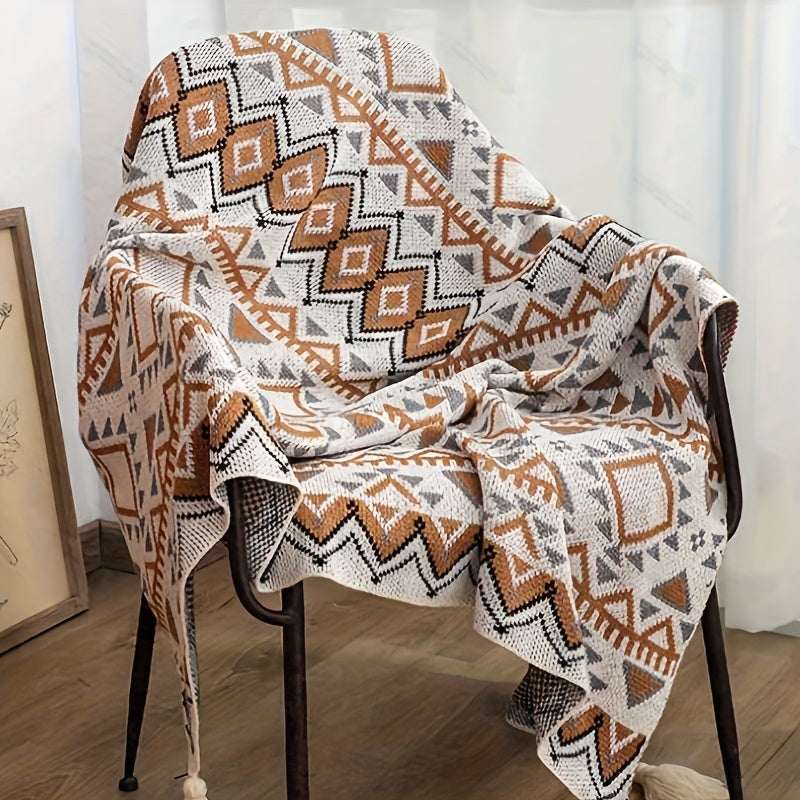 Bohemian Blanket with Geometric Pattern and Tassel - Ideal for Nap Time, as a Sofa Throw, or to keep you cozy while using the Air Conditioning