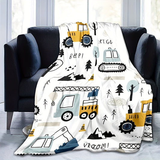 Cartoon Excavator Print Flannel Fleece Blanket in Contemporary Style, Ideal for All-Season Use, Perfect for Sofa, Nap, Camping, and Travel. Made with Durable Polyester Cover and Lining, 200-250g Weight, Mixed Colors with Knitted Fabric Design.