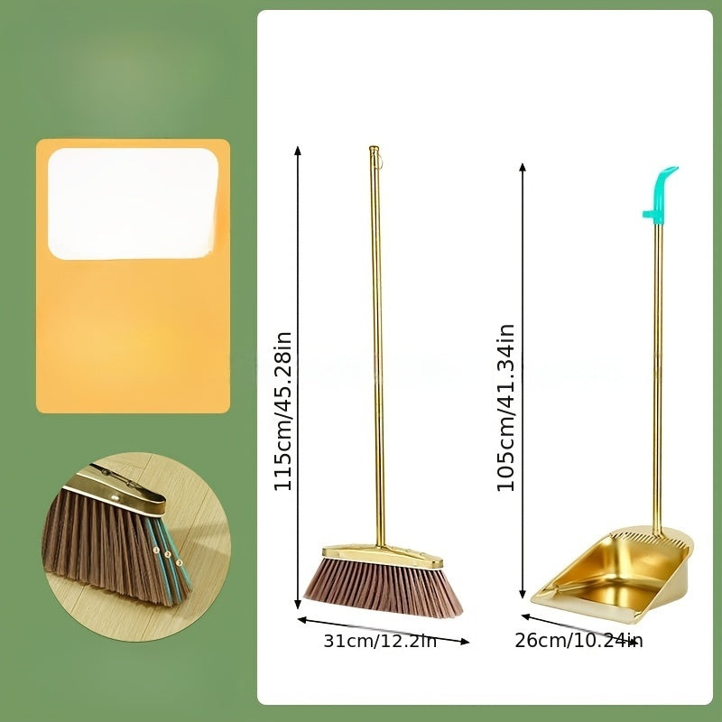 Two-piece set of durable stainless steel garbage shovel and water scraper with golden finish, thickened design, and integrated mop dustpan for household cleaning.