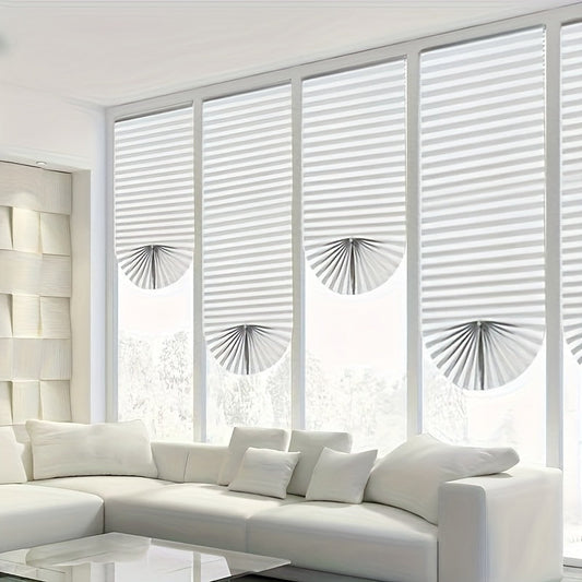 Temporary window blinds that don't require tools. Self-adhesive fabric shades that are easy to cut and install without drilling. Cordless and available in 2 colors and 4 sizes. Can be trimmed at home for a perfect fit.