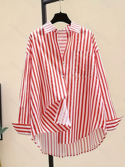 Women's Striped Button-Up Shirt: 100% Polyester, Long Sleeve, Lapel Collar, Casual Vacation Style, Sun Protection - Spring/Summer/Fall Collection