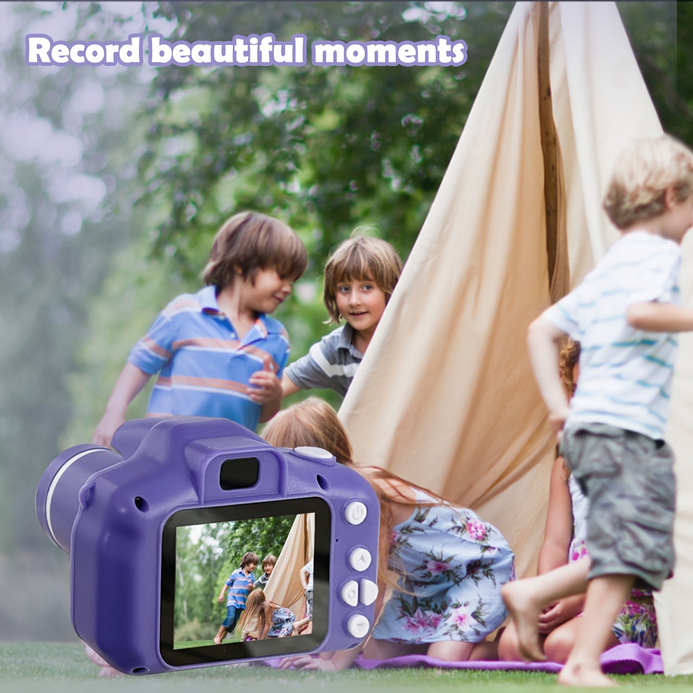 HD kids' camera with long lens - ideal gift for children 3-12, includes 32GB memory card, in pink/purple/blue/black options.