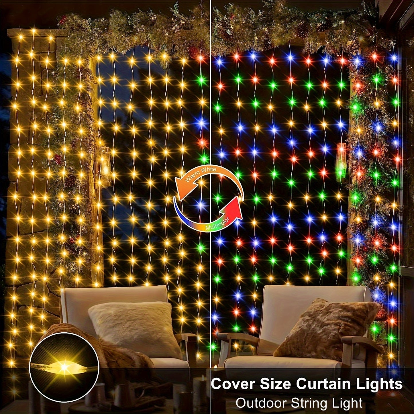 Solar powered waterfall LED string lights with 300 LEDs, 8 modes. Ideal for outdoor and indoor decor, great for camping, weddings, parties, RV, and patio. Dimensions: 298.7x298.7cm.