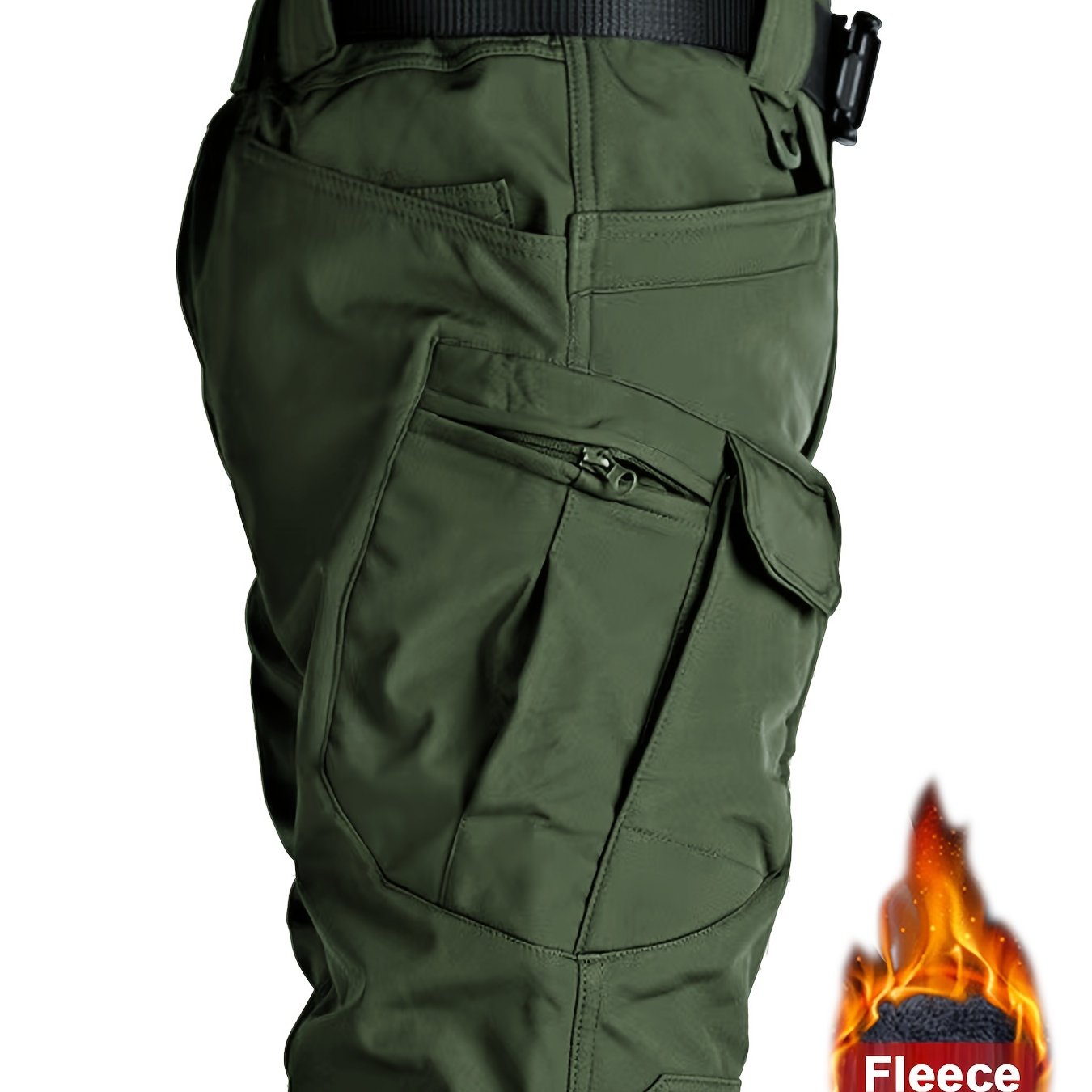 Fleece-lined tactical pants for men, made with warm, durable polyester-spandex blend. Features multiple pockets, adjustable waistband, and casual style for winter outdoor activities.