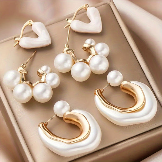 Exaggerate your style with this 6-piece set of French-designed love faux pearl C-shaped earrings. Featuring 3 pairs, these extravagant light luxury accessories are perfect for adding a touch of exotic flair to your daily outfits or party ensembles. Ideal