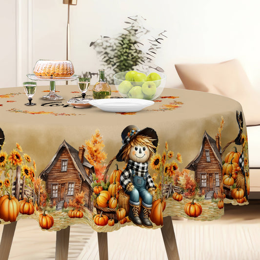 Charming scarecrow and autumn harvest tablecloth made of water-repellent, wrinkle-free polyester. Featuring festive pumpkin, sunflower, and rustic house design. Ideal for Thanksgiving, theme parties, and holiday decor both indoors and outdoors, as well