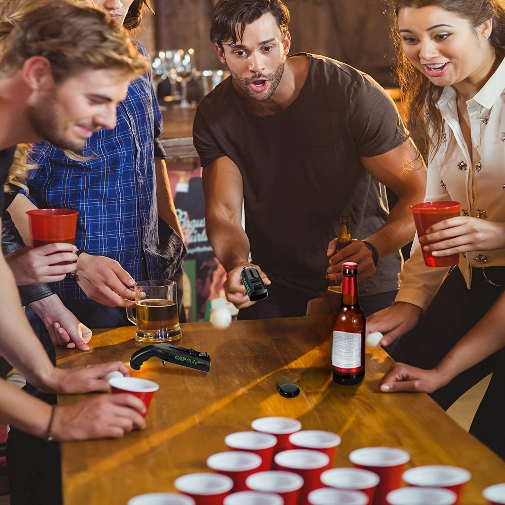 Durable ABS plastic bottle opener in cap gun style for drinking games, parties, bars, and outdoor events - fun and effective at removing beverage caps.