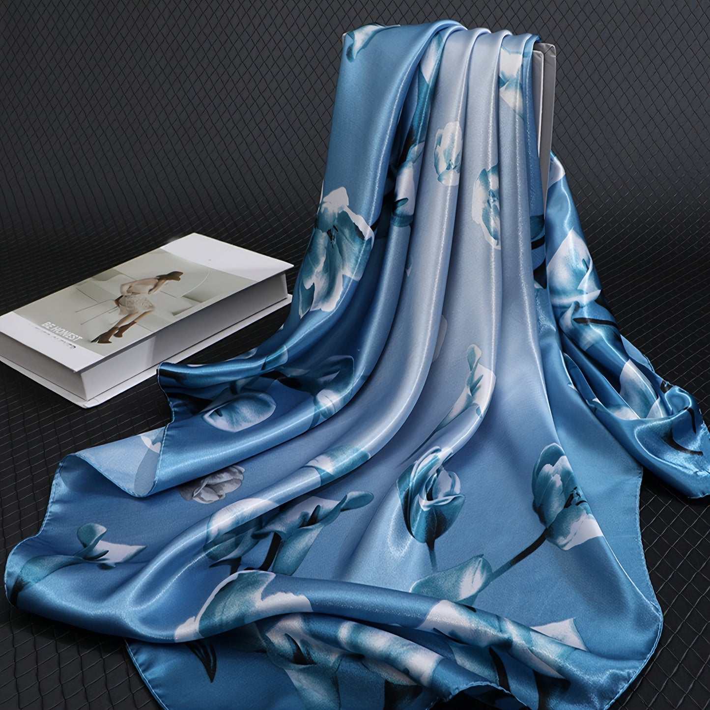 1pc Elegant Blue Floral Print Square Scarf - Stylish, Warm & Windproof Headscarf for Women, Perfect for All Seasons, Outdoor Sun Protection, Lightweight Polyester Fabric, 85g/m², Casual