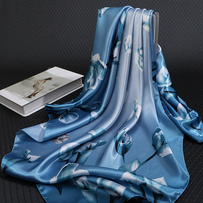 1 dona Elegant Blue Floral Print Square Scarf - Ayollar uchun zamonaviy, iliq va shamolga chidamli bosh kiyim, barcha mavsumlar uchun mukammal, ochiq havoda quyoshdan himoya, engil polyester mato, 85g/m², tasodifiy