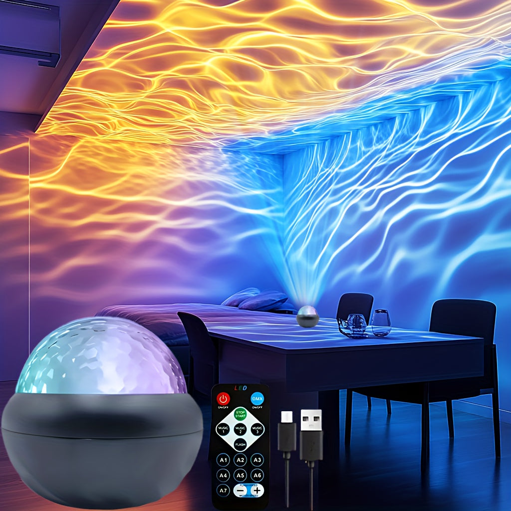 Dreamy 7-Color LED Night Light with Water Ripple Effect - USB Powered, Remote Controlled, Ideal for Creating a Cozy Atmosphere in Any Room. Ideal for Bedroom Ambiance & Special Occasions.