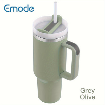 Stainless steel tumbler with lid and handle, ideal for summer drinks.