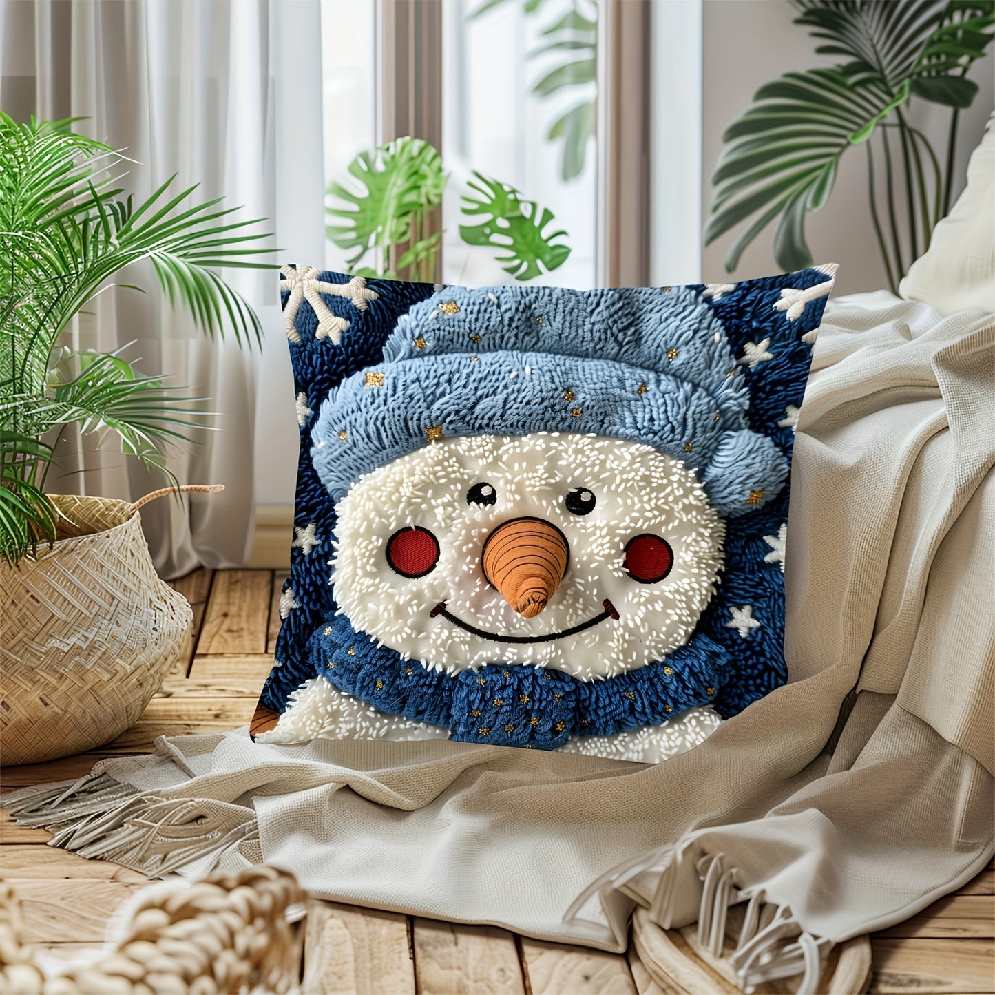 Modern snowman throw pillow cover made of polyester that is machine washable. It has a woven zippered pillowcase suitable for living room sofa, autumn farmhouse, patio, and porch decor. Size is 45.72x45.72 cm.