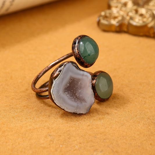 Antique Bronze Adjustable Ring with Natural Agate & Green Aventurine - Handmade, Vintage Style for Women | Ideal for Parties