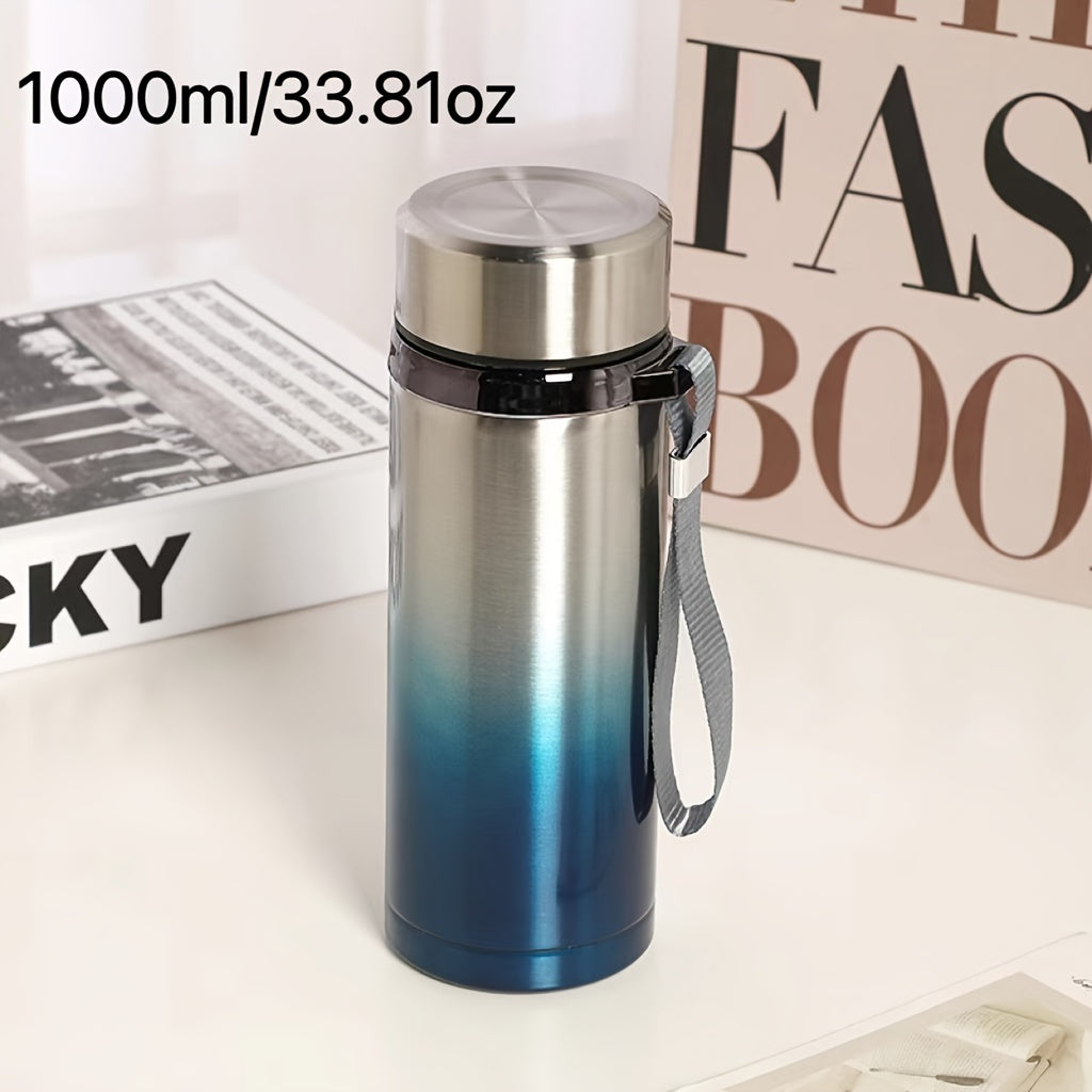 Men's large stainless steel portable travel mug with tea strainer, available for wholesale.