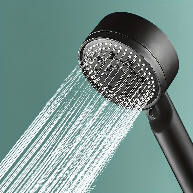 Handheld shower head with 5 water flow modes, bracket, hose, and five golden accessories.