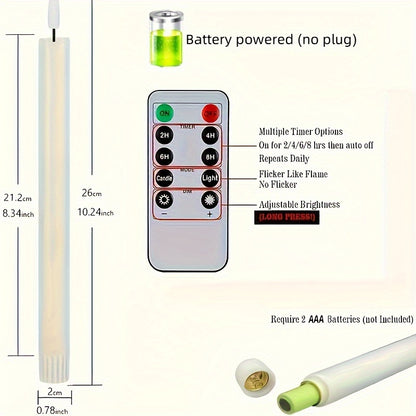 Six modern LED taper candles with flickering flame effect, remote control, timer, adjustable lighting, and battery-operated. Suitable for any room, batteries not included.