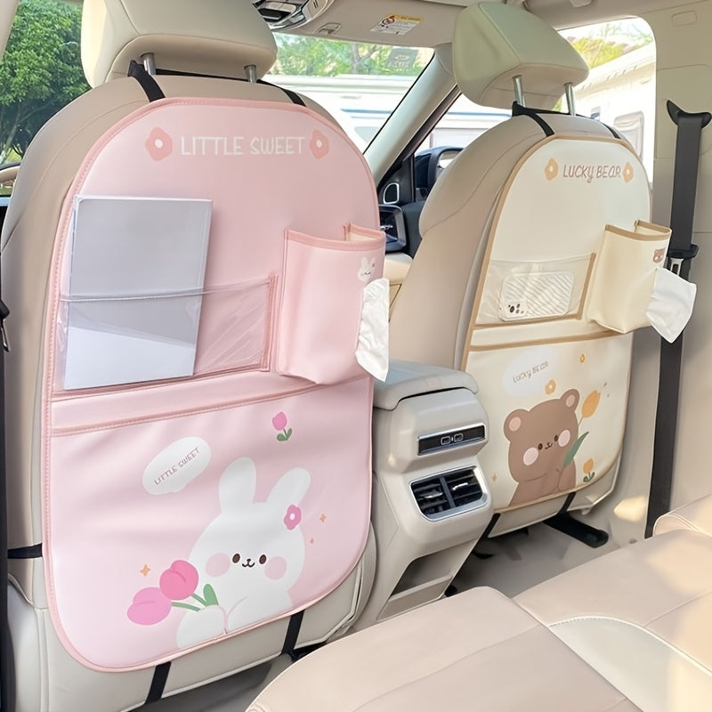 Car Seat Back Storage Bag with Cute Cartoon Design, Multifunctional Protection Pad.