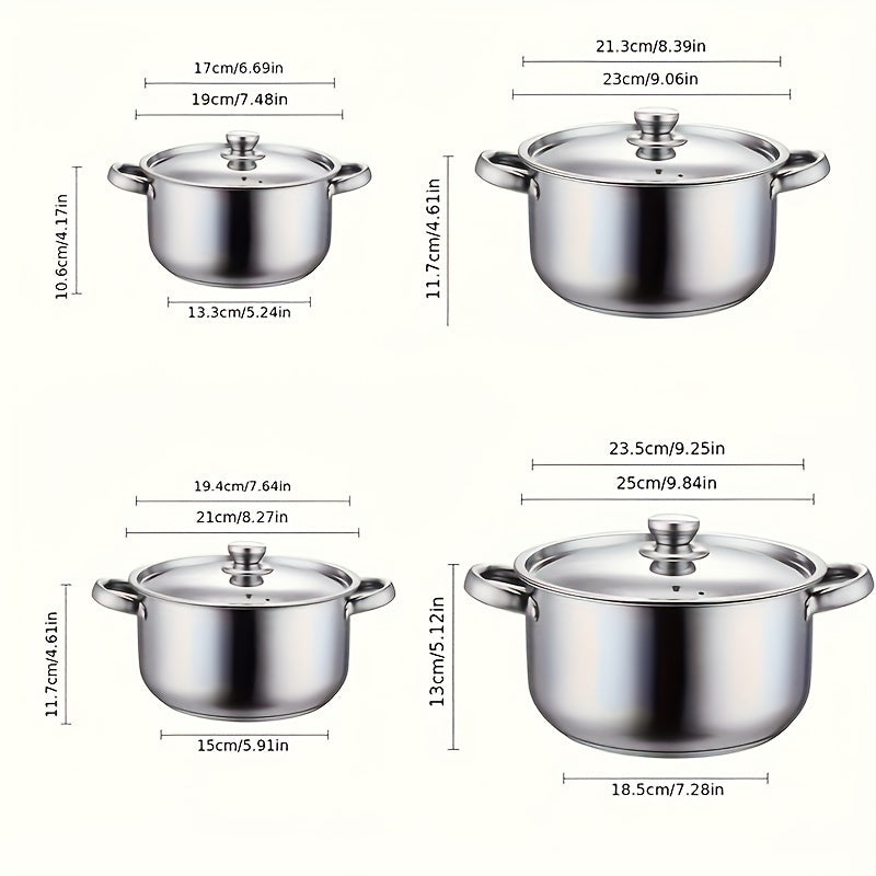 Set of 8 stainless steel pots, including 4 pots and 4 lids. These high-quality pots have a bright surface and are suitable for a variety of uses in the kitchen, restaurant, or for Ramadan supplies. Ideal for soups, noodles, seafood, and more. Stove not