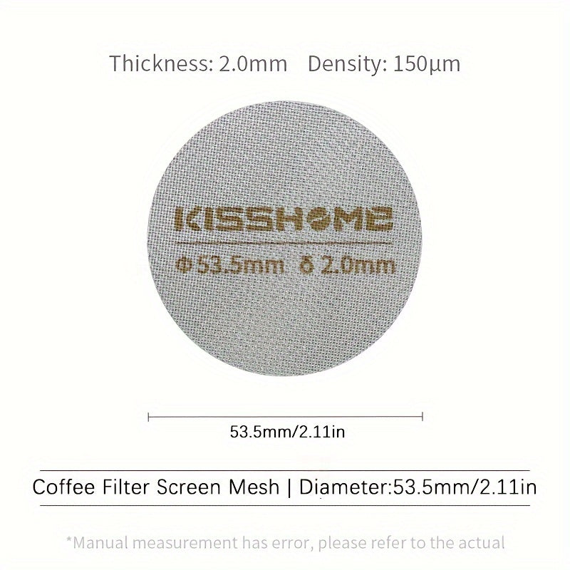 Reusable espresso puck screen made of 316 stainless steel, heat resistant, available in diameters of 51mm, 53.5mm, and 58.5mm. Compatible with Breville machines and 51mm, 54mm, and 58mm portafilters. Includes coffee accessories.