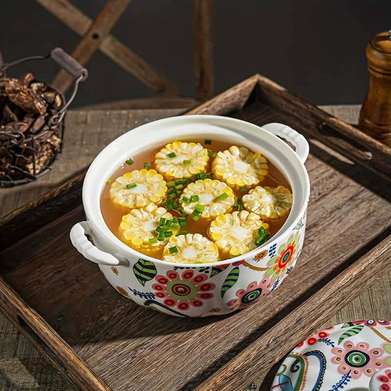 Traditional Chinese Style Soup Pot with Double Handles, featuring a Floral Pattern and Lid, made of Ceramic