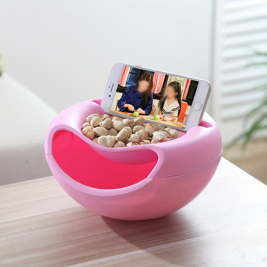 Sunflower seed storage box with detachable double-layer design and built-in cellphone holder, ideal for organizing nuts, fruits, candy, and snacks at home.