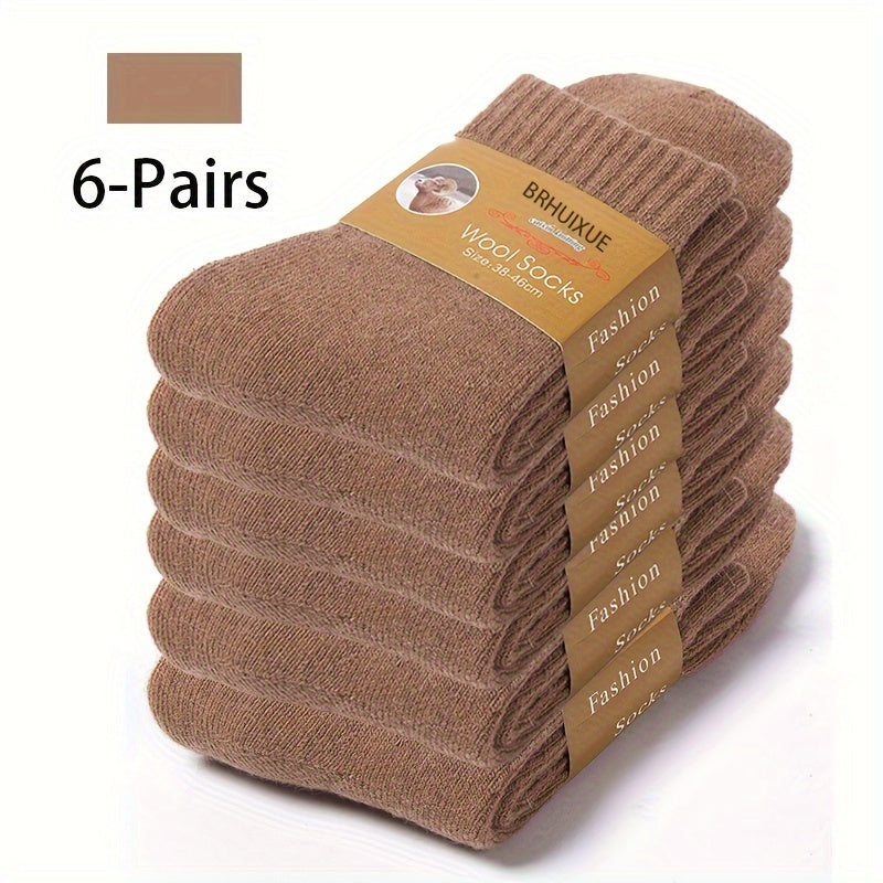 6 pairs of men's wool knit crew socks for autumn/winter, soft, warm, and breathable.