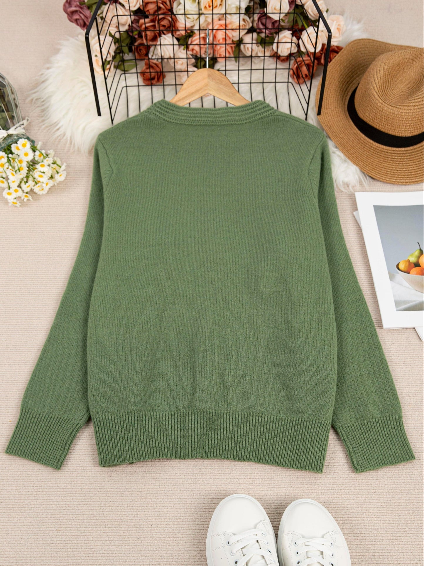 Oversized V-Neck Sweater with Button Accents