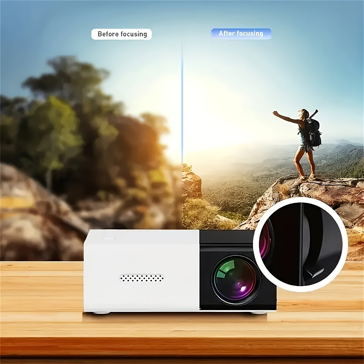 EU plug mini projector with 720P/1080P support, compatible with smartphone and USB port. Features SD memory card/AV/USB connection on the same screen. 2800 brightness lumens.