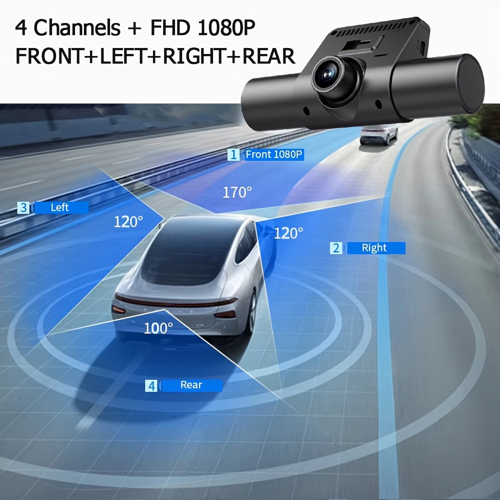 4-канальная автомобильная камера с 1080P видеорегистратором для записи видео в автомобиле. Особенности: 1080P спереди и 720P с левой/правой стороны с ночным видением, циклическая запись и 24-часовой мониторинг парковки.