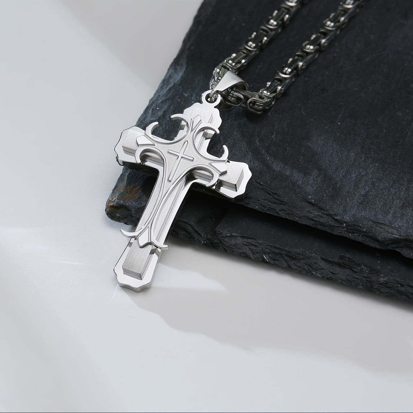 Men's Fashionable Byzantine Necklace with Double-layer Stainless Steel Cross Pendant