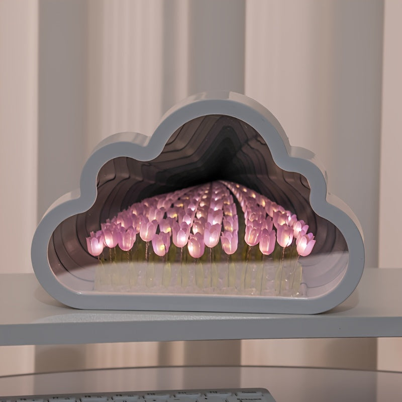 Artistic tulip cloud LED night light with mirror sea effect, handcrafted for cozy bedroom ambiance.