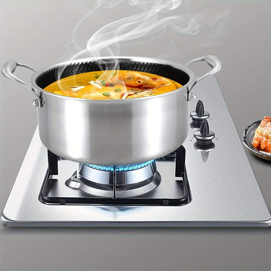 Multi-functional soup pot with lid that is non-stick and suitable for induction cooktops, making it ideal for both home and professional kitchen use on any type of stove.