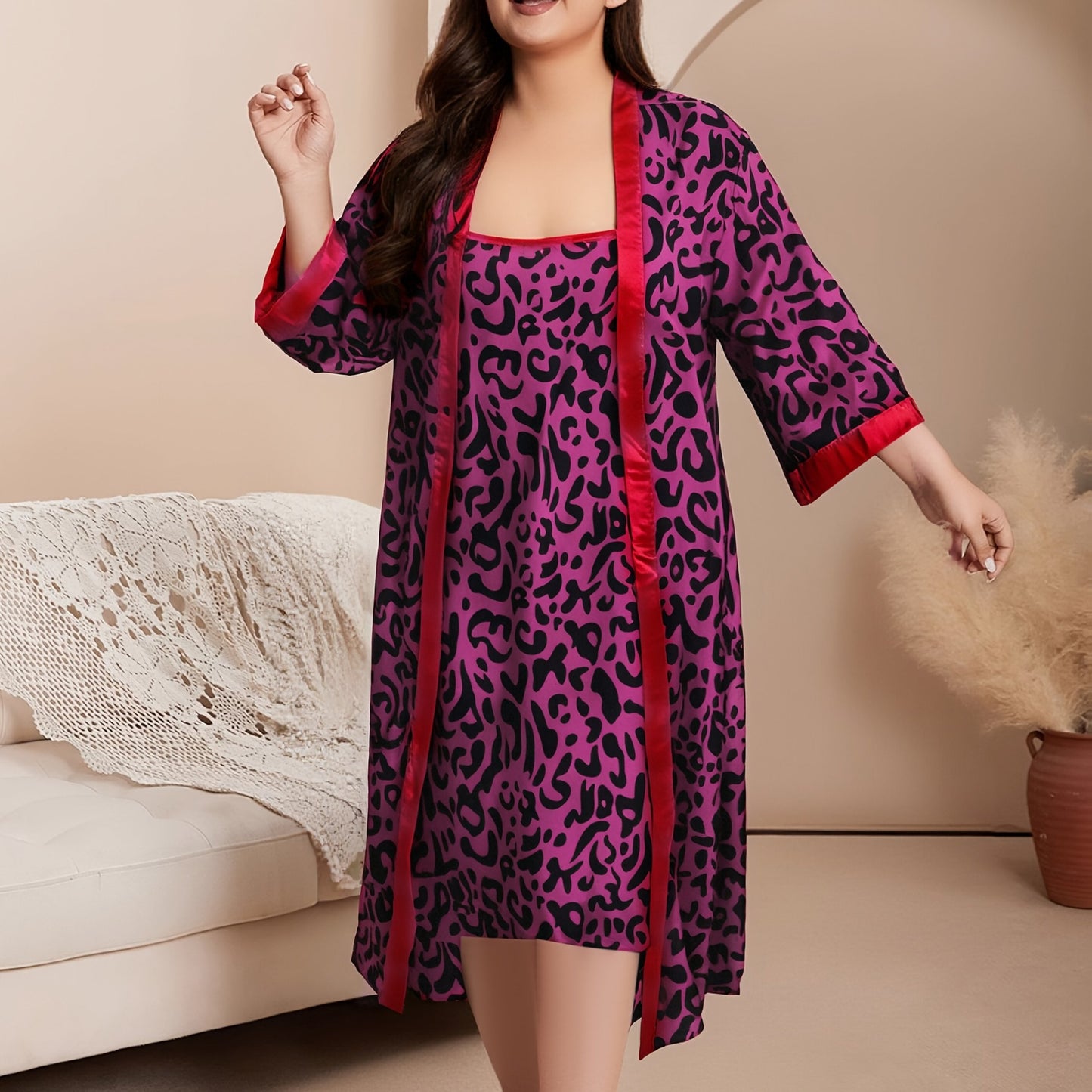 Plus Size Elegant Pajama Set with Satin Leopard Print Robe and Cami Dress.