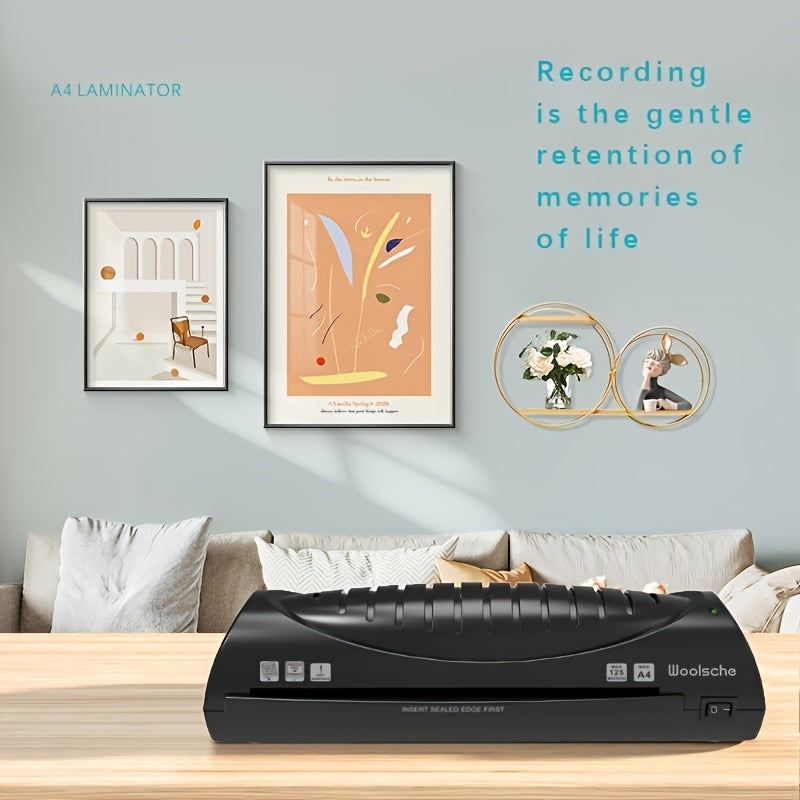 Woolsche A4 Laminator seals photos and documents quickly, ideal for home and small business use. It has a sleek black design and is easy to operate.